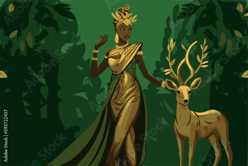 Black Artemis or Diana in golden dress with deer, Greek / roman godess of hunt, moon and women photo