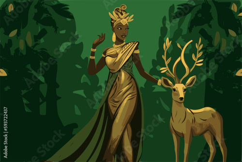 Black Artemis or Diana in golden dress with deer, Greek / roman godess of hunt, moon and women