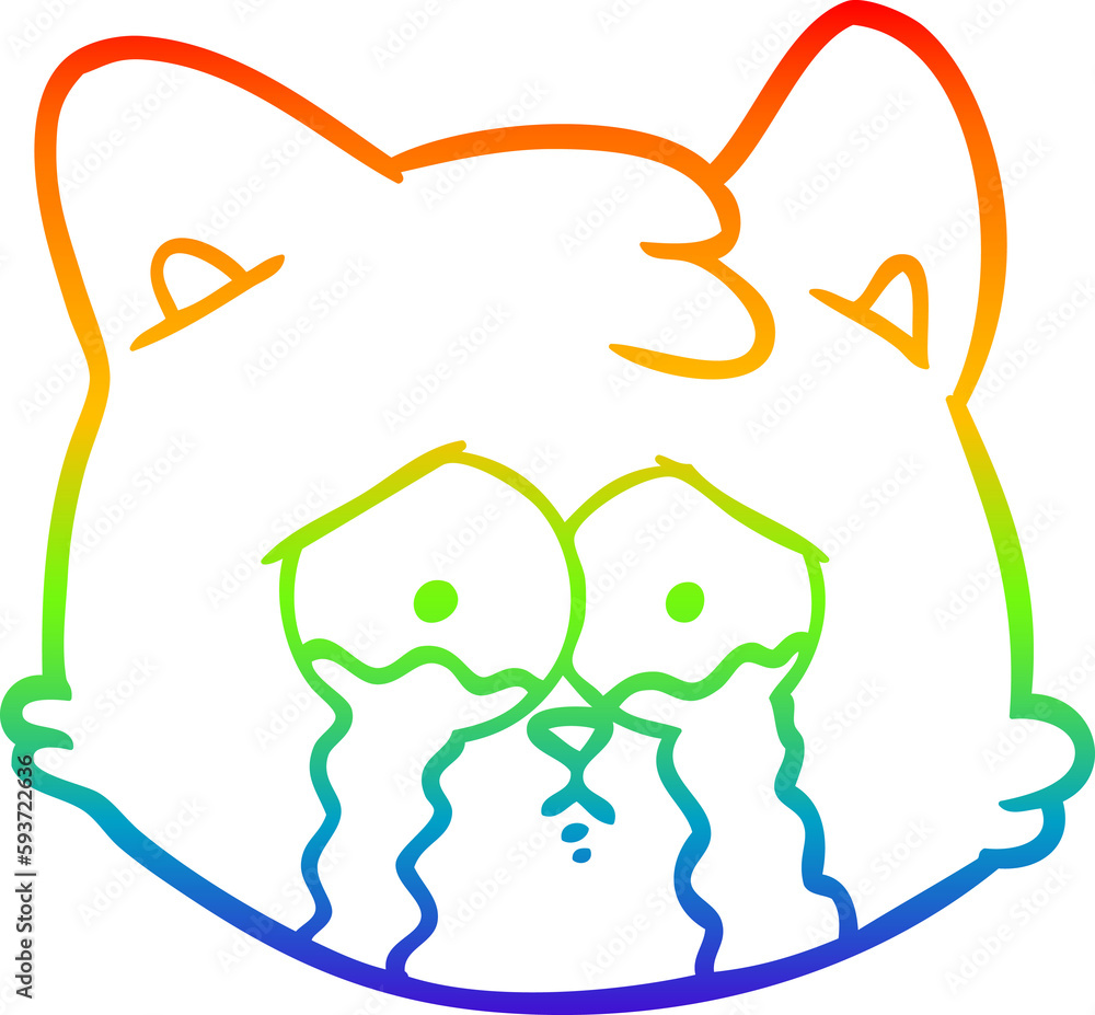 Fototapeta premium rainbow gradient line drawing crying cartoon cat face