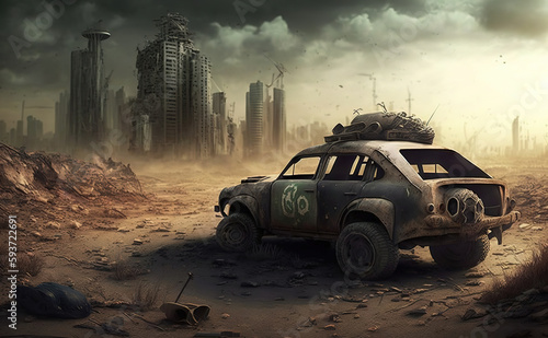 a car that is sitting in the dirt  destroyed city in the background  apocalyptic art 