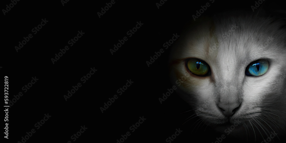 Cat with eyes of a different color looking from the dark. Copy space, space for text, AI generated.
