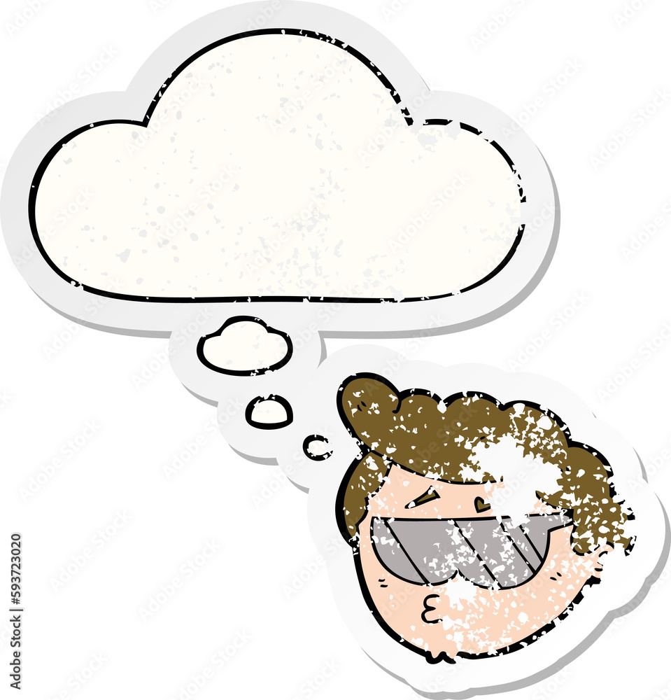 cartoon boy wearing sunglasses and thought bubble as a distressed worn sticker cartoon boy wearing sunglasses and thought bubble as a distressed worn sticker