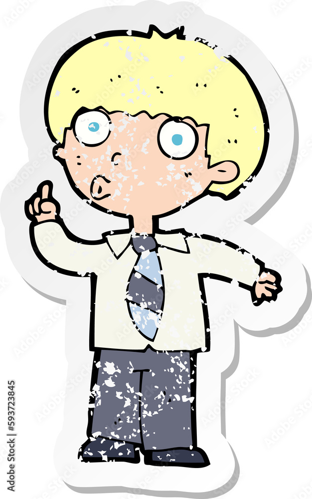 retro distressed sticker of a cartoon school boy with question retro distressed sticker of a cartoon school boy with question