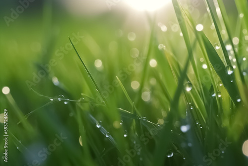 Fresh juicy young grass in droplets of morning dew, spring on a nature background. Drops of water on the grass, natural wallpaper. Beautiful leaf texture in nature. generative ai