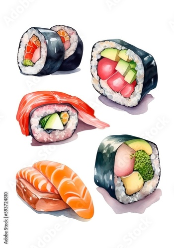 Watercolor set of sushi isolated on white background. Traditional japanese cuisine. Generative AI.