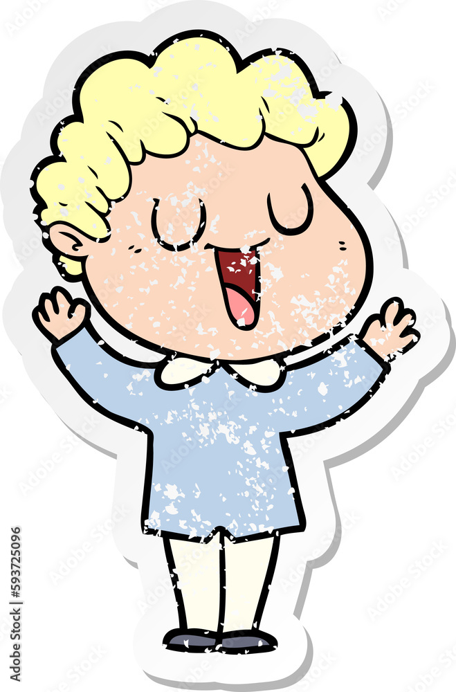 distressed sticker of a laughing cartoon man distressed sticker of a laughing cartoon man