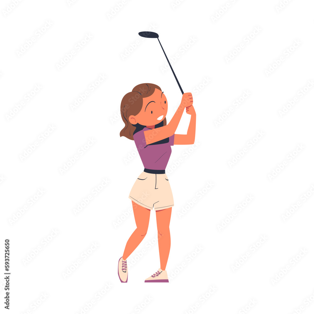 Woman Character Playing Golf with Club Enjoying Recreation Activity Vector Illustration Woman Character Playing Golf with Club Enjoying Recreation Activity Vector Illustration