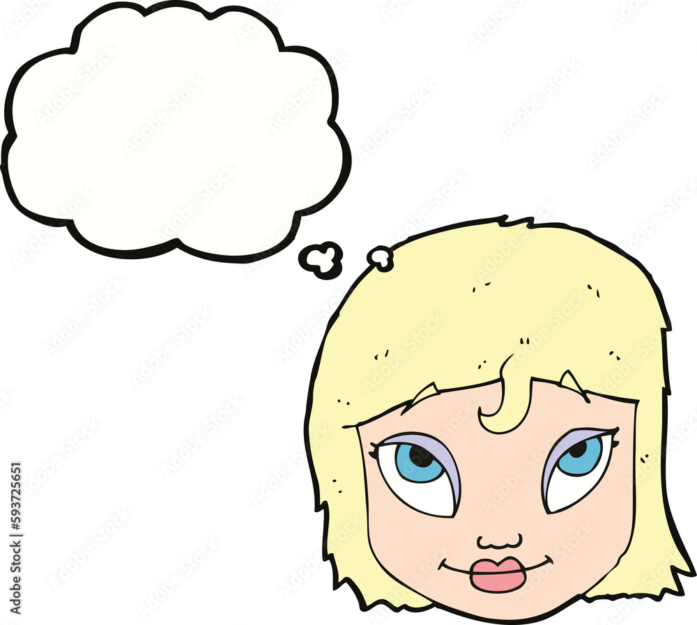 cartoon woman smiling with thought bubble cartoon woman smiling with thought bubble