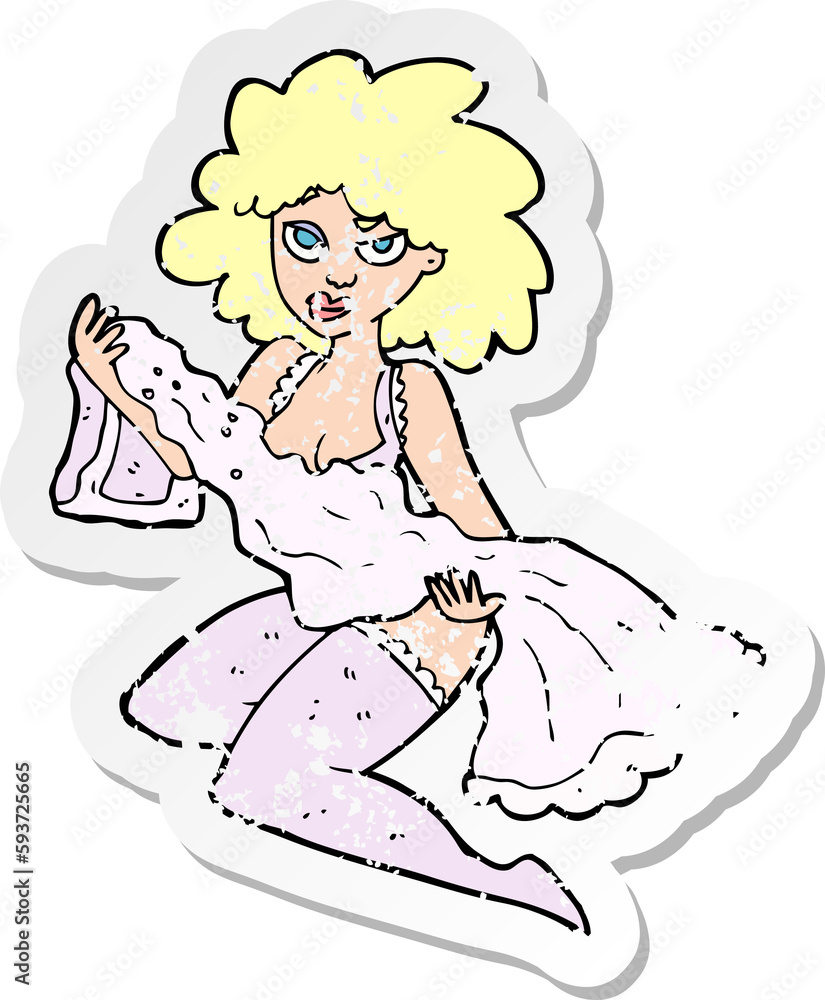 retro distressed sticker of a cartoon woman changing