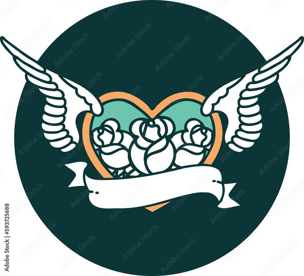 tattoo style icon of a flying heart with flowers and banner