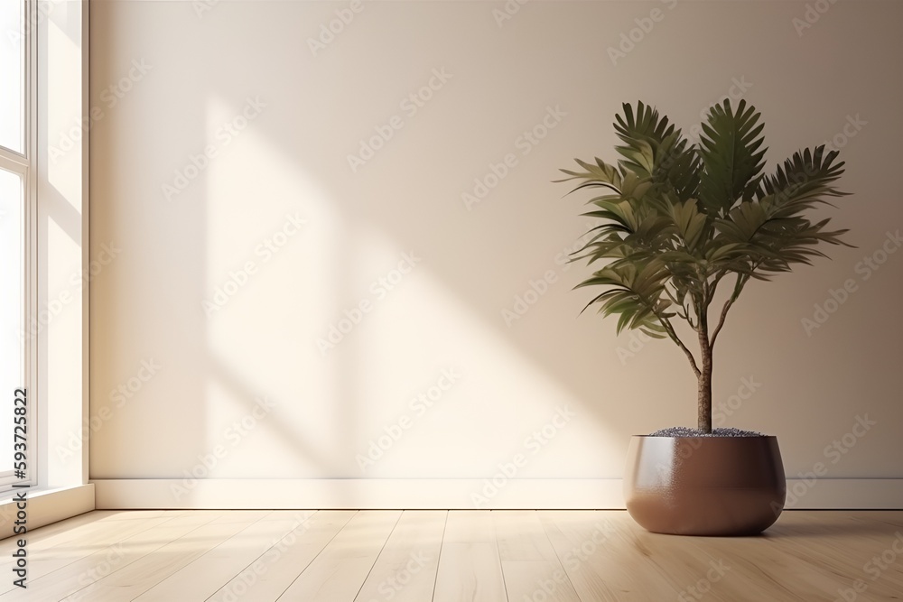 Blank beige brown wall in house with green tropical tree in white modern design pot, baseboard on wooden parquet in sunlight for luxury interior design decoration, home appliance product background