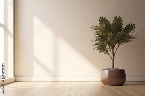 Blank beige brown wall in house with green tropical tree in white modern design pot, baseboard on wooden parquet in sunlight for luxury interior design decoration, home appliance product background