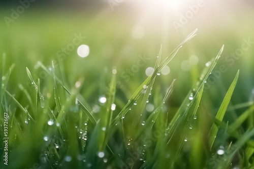 Fresh juicy young grass in droplets of morning dew, spring on a nature background. Drops of water on the grass, natural wallpaper. Beautiful leaf texture in nature. generative ai 