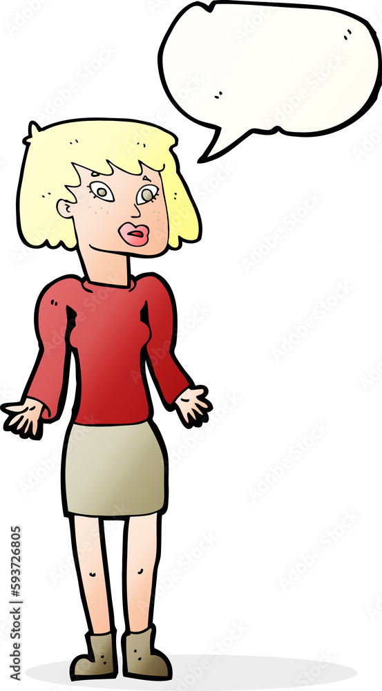 cartoon woman shrugging shoulders with speech bubble cartoon woman shrugging shoulders with speech bubble