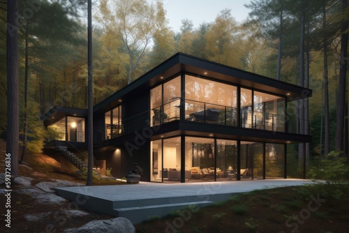 Architecture design idea - contemporary glass-walled luxury residential retreat in a forest oasis - Generative AI © Hanjin