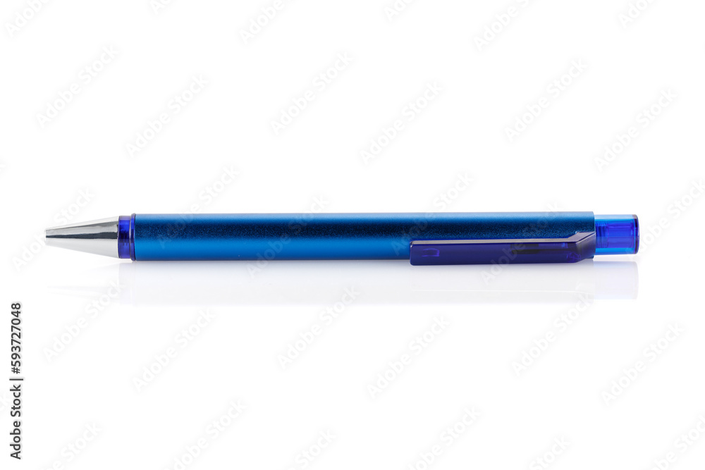 Side view of a blue ballpoint pen, isolated on a white background. Close-up. Side view of a blue ballpoint pen, isolated on a white background. Close-up.