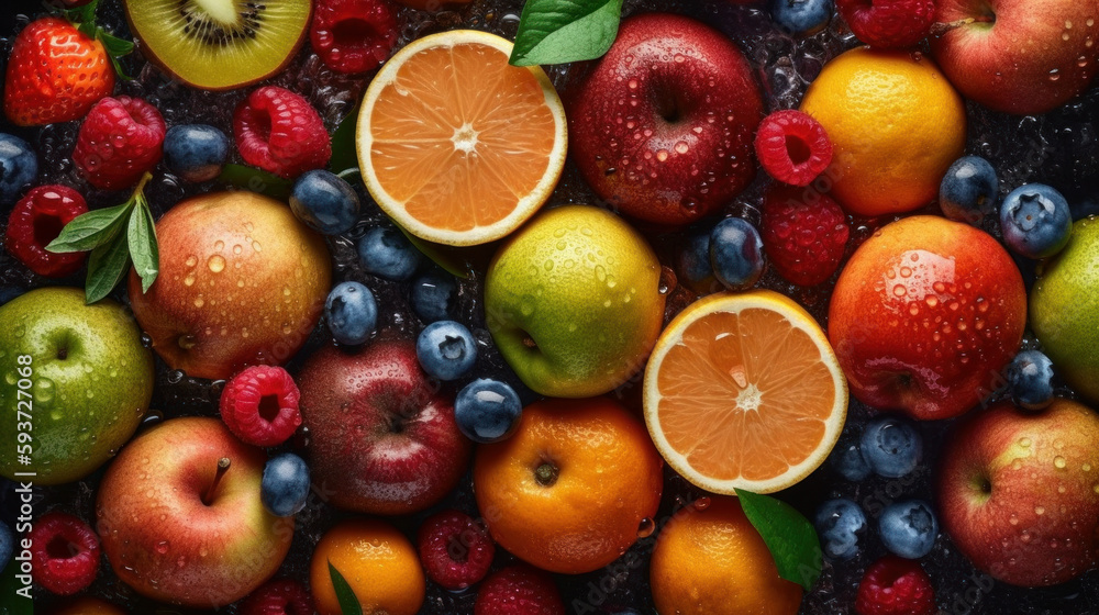 Juicy fruits top view background. Al generated