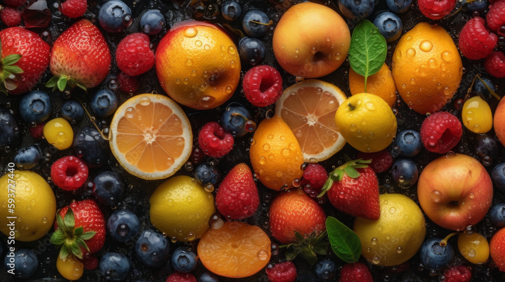 Juicy fruits top view background. Al generated