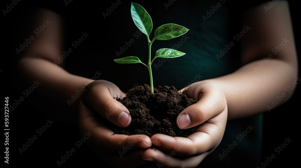 Child hands holding soil and a tiny plant Child hands holding soil and a tiny plant