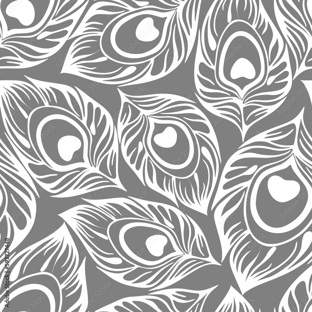 seamless contour pattern of white peacock feathers on a gray background, texture, design seamless contour pattern of white peacock feathers on a gray background, texture, design