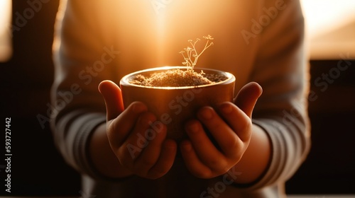 Child hands holding pot with a tiny plant