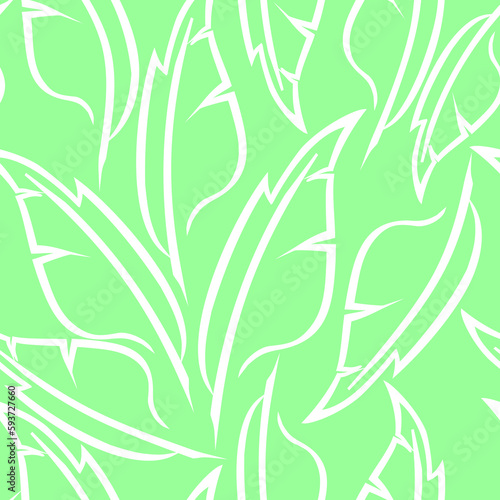 white graphic drawing of stylized feathers on a green background, texture, design