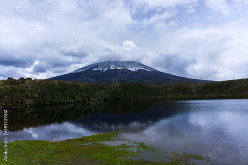 Cotopaxi Volcano and a lake in the mountains