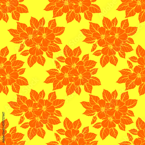 seamless contour pattern of large orange flowers on a yellow background, texture, design