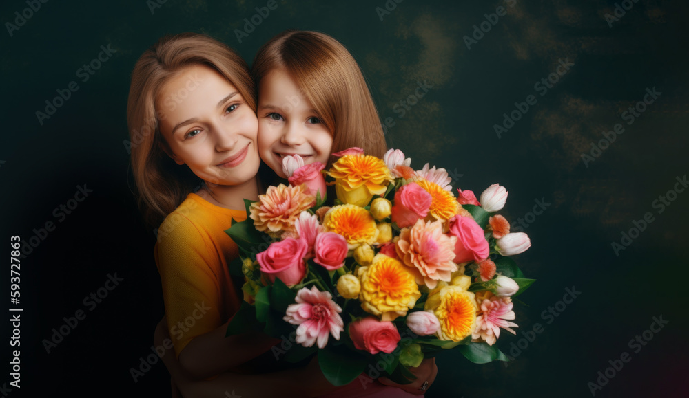 Attractive, charming, pretty, cute, sweet, lovely mother and daugther celebrating Mother day, holding bouquet of colorful tulips, enjoying hugging with each other,generative ai. Attractive, charming, pretty, cute, sweet, lovely mother and daugther celebrating Mother day, holding bouquet of colorful tulips, enjoying hugging with each other,generative ai.