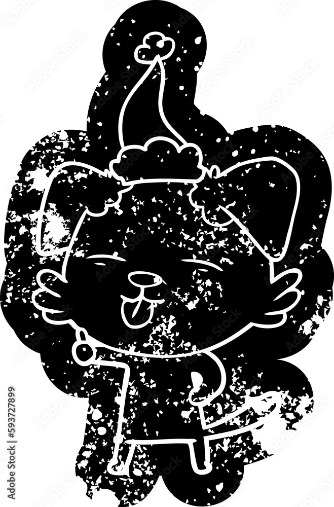 Fototapeta premium cartoon distressed icon of a dog sticking out tongue wearing santa hat