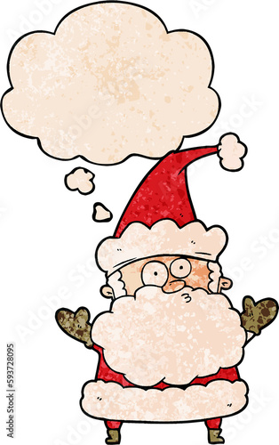 cartoon confused santa claus and thought bubble in grunge texture pattern style photo