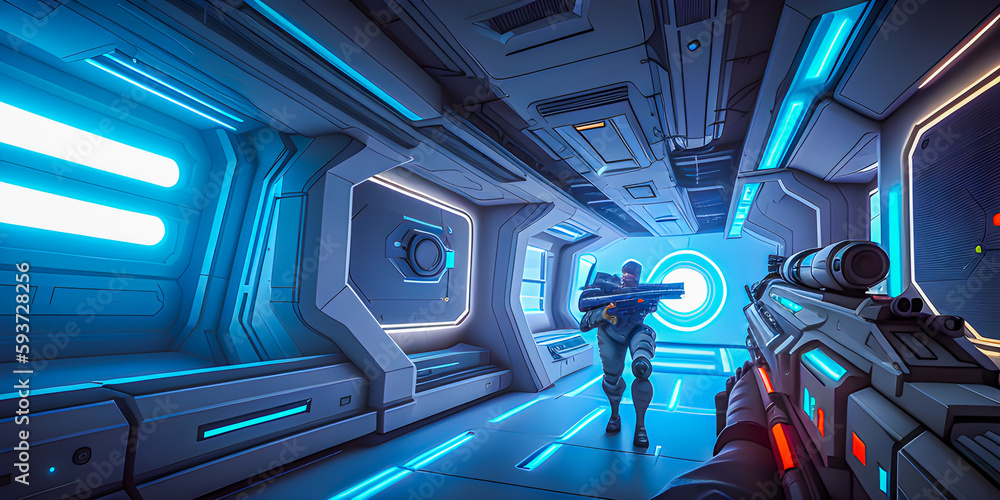 3d render illustration of first person view shooter game arms holding ...