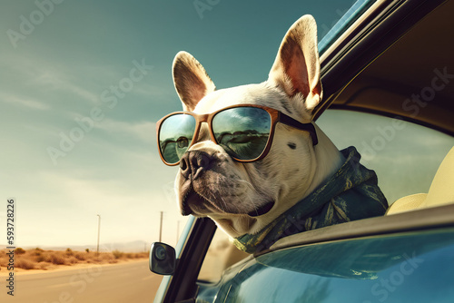 Happy Dog Wearing Sunglasses and Enjoying a Car Ride on Sunny Day Trip, Generative AI © Vladan