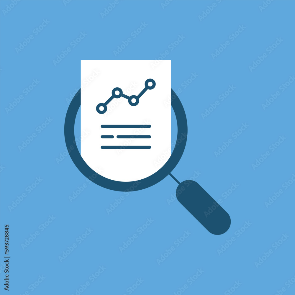 result monitoring like cartoon review with magnifier icon. concept of key performance indicator or business visualisation. flat style trend graphic design budget logotype web element isolated on blue