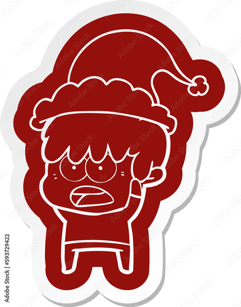 worried cartoon  sticker of a boy wearing santa hat