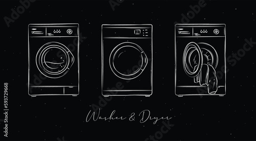 Washing machine and dryer for clean clothes drawing in graphic style on black background