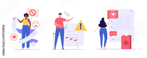User filling complaint form. Client giving negative feedback at rating scale. Set of bad review, negative feedback, complaint, dislike. Bad user experience. Vector illustration collection flat design photo