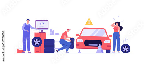 Tire service illustration. Professional mechanics change wheels and tires. Concept of tire fitting, car repair service, wheels replacement, tyre service. Vector flat cartoon design for web banners