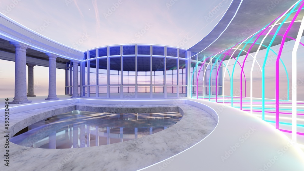 Naklejka premium Architecture background combining styles of classical, modern and futuristic, concept of different epoch 3d render