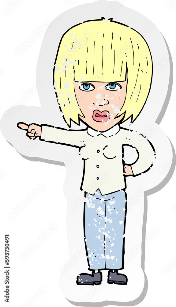 retro distressed sticker of a cartoon pointing annoyed woman retro distressed sticker of a cartoon pointing annoyed woman