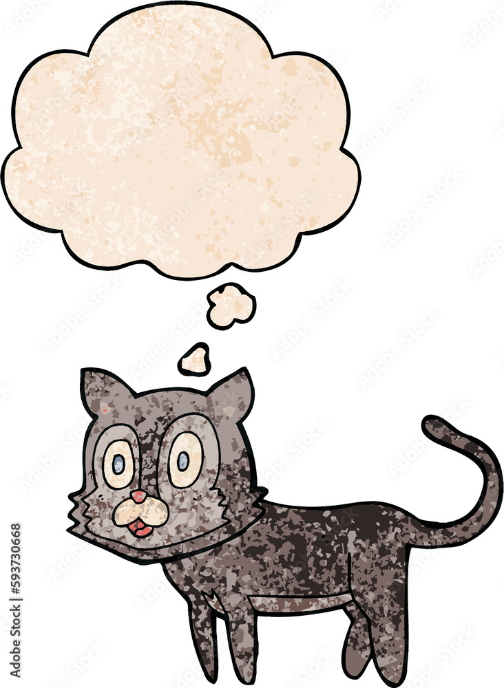 happy cartoon cat and thought bubble in grunge texture pattern style happy cartoon cat and thought bubble in grunge texture pattern style
