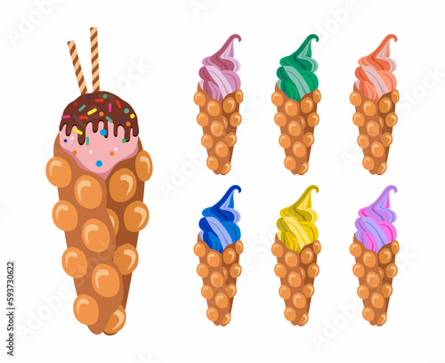 Set of Vector bubble waffle. Hong Kong wafer or egg waffle with sweet vanilla cream and chocolate.