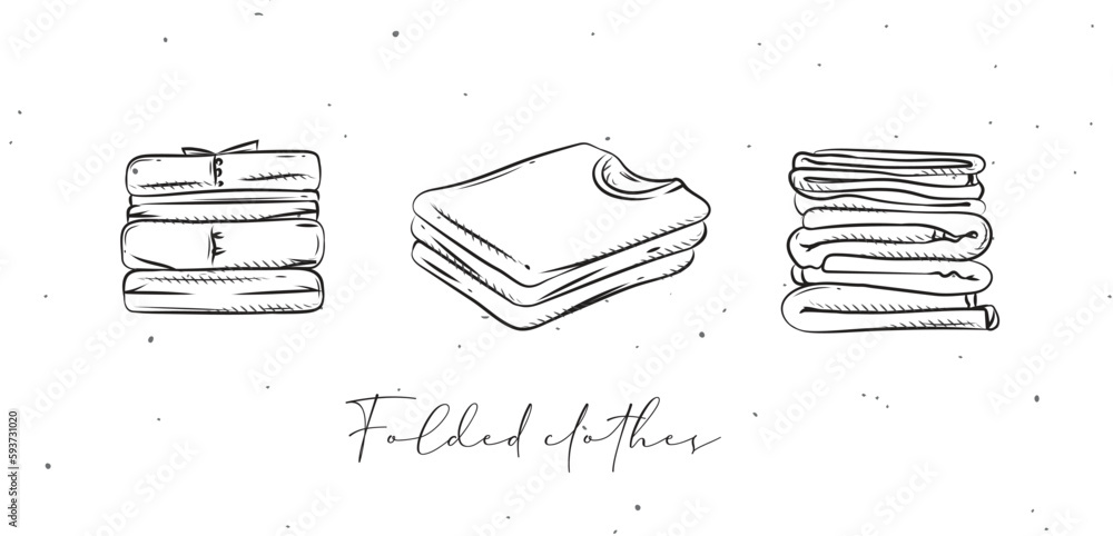 Folded clothes in different angles drawing in graphic style on white background