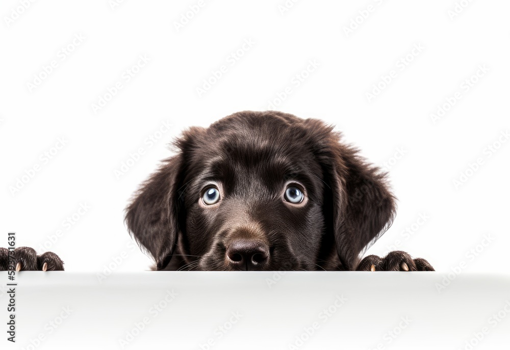 Adorable Curly-Coated Retriever Puppy Peeking Out from Behind White Table with Copy Space, Isolated on White Background. Generative AI. Adorable Curly-Coated Retriever Puppy Peeking Out from Behind White Table with Copy Space, Isolated on White Background. Generative AI.