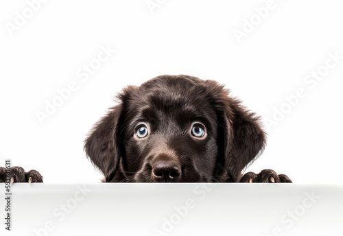 Adorable Curly-Coated Retriever Puppy Peeking Out from Behind White Table with Copy Space, Isolated on White Background. Generative AI.