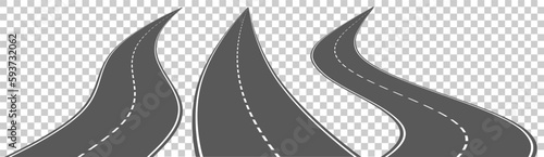 Set of 3 vector roads wit white marks isolated on transparent background. Vector EPS 10.