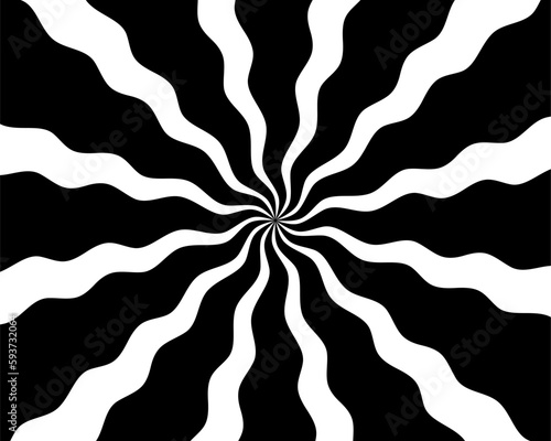 Black and white hypnotic spiral wave rays background. Psychedelic sunburst retro design.