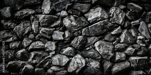 Black white stone texture. Rock surface. Close - up view. Like a old rough concrete wall. Dark gray grunge background with space for design. Template. Backdrop. Wide banner. Generative AI