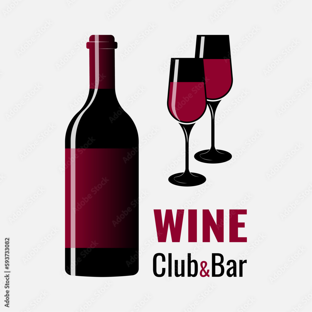 Wine bottle and glass. Wine club and bar. Design on a light background. Vector illustration.