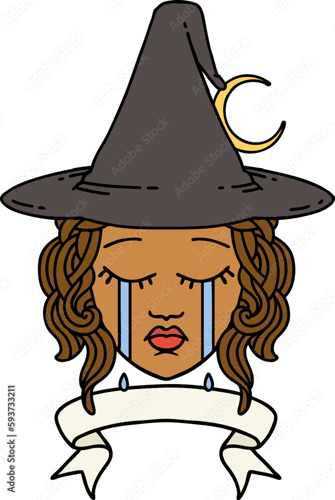 crying human witch with banner illustration